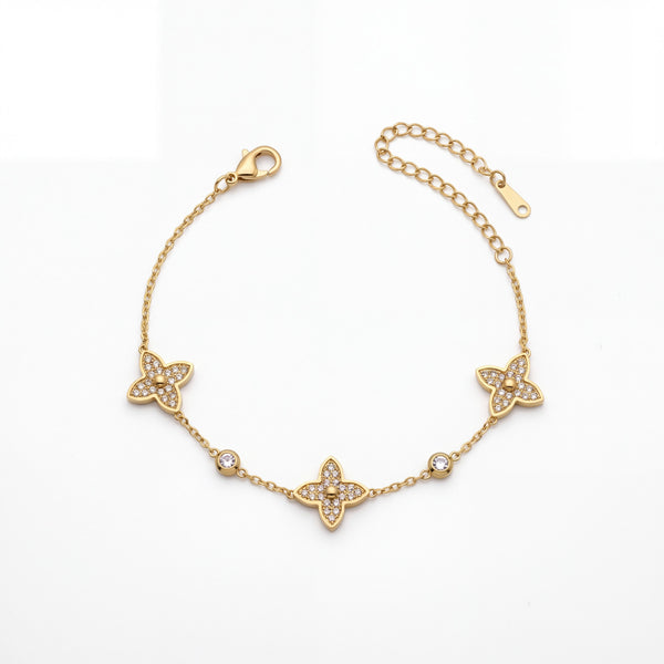 Gold Plated Pave White Stone Quatrefoil Clover Charm Station Chain Bracelet with Lobster Clasp
