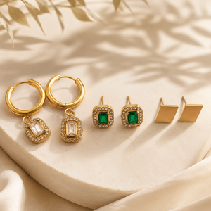 Earrings Rectangle Halo Drop Hoop, Emerald Rectangle Halo & Gold Triangle Stud Earrings Set of 3 Pairs