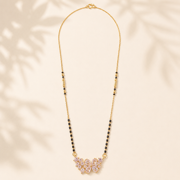 KZ Gold Plated Pink Marquise Flower CZ Mangalsutra for Women Black Bead Chain Floral Cluster Pendant FS