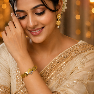 Gold Leaf Engraved Diamond Oval Kada for Women | Botanical Motif Stone Stainless Steel Ladies Bangle | Nature Festive Jewellery