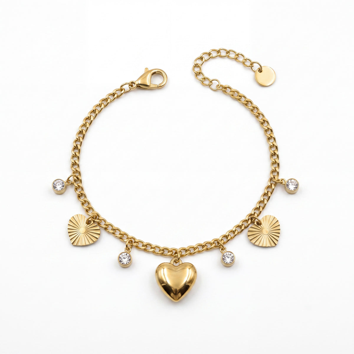 Gold Plated Chain Bracelet with Heart Fan Shell and White Stone Solitaire Dangling Charms