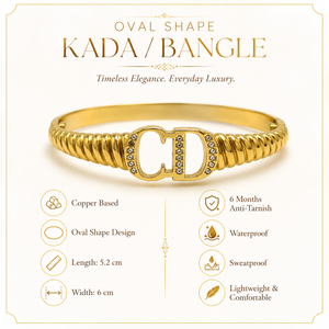 Gold CD Logo Initials Ribbed Twisted Band Oval Kada for Women | Monogram Designer Stainless Steel Ladies Bangle | Luxury Brand Festive Jewellery