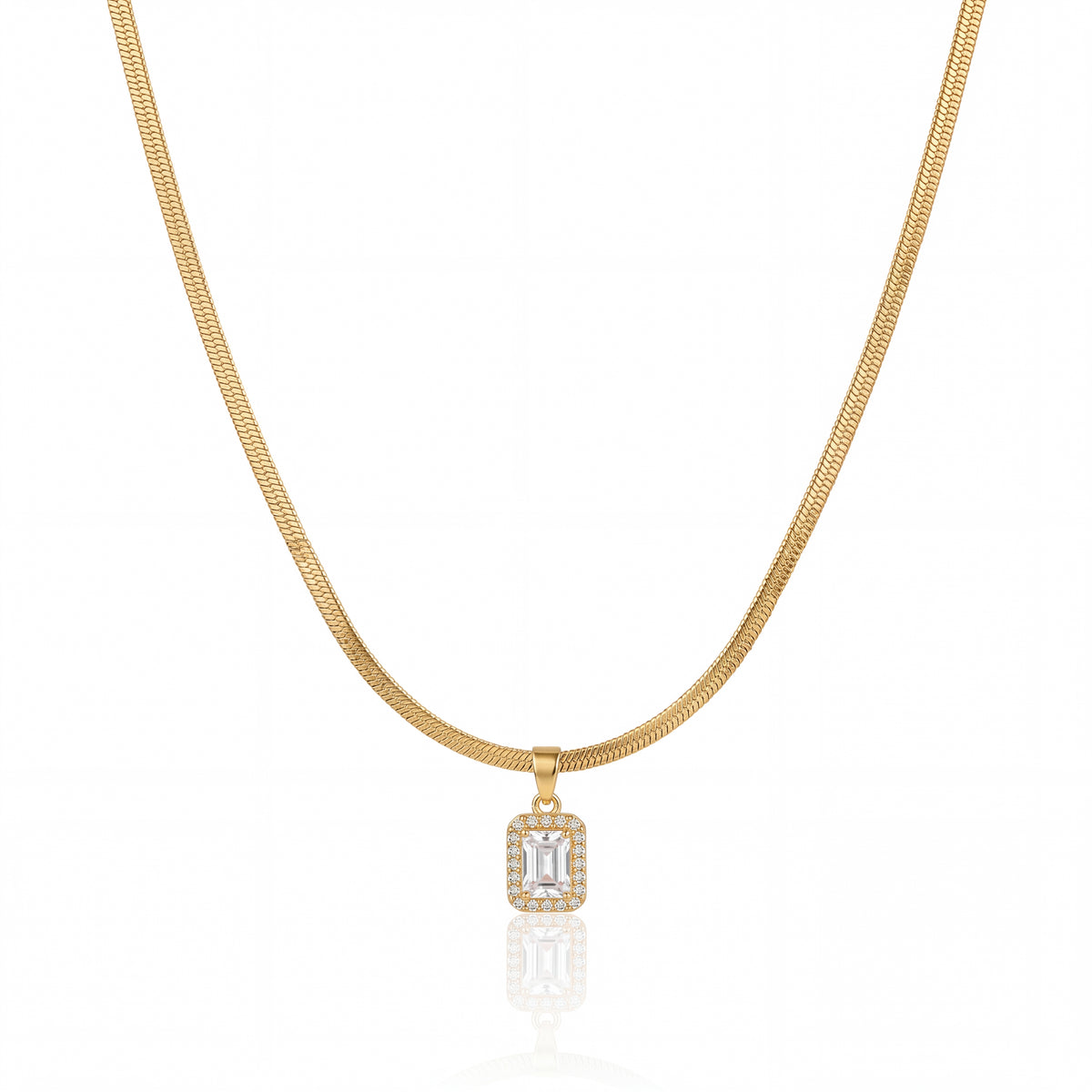 Gold Rectangular Baguette CZ Pendant Snake Chain Anti-Tarnish Necklace