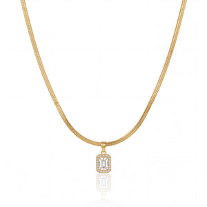 Gold Rectangular Baguette CZ Pendant Snake Chain Anti-Tarnish Necklace