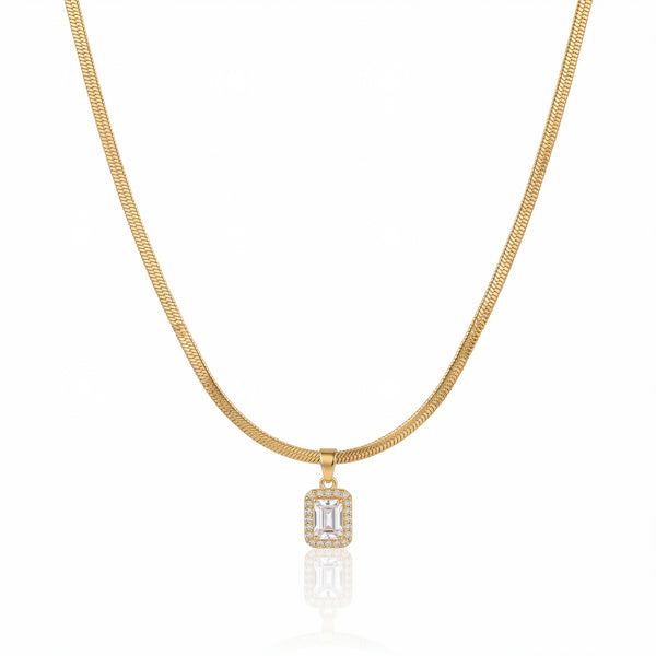 Gold Rectangular Baguette CZ Pendant Snake Chain Anti-Tarnish Necklace