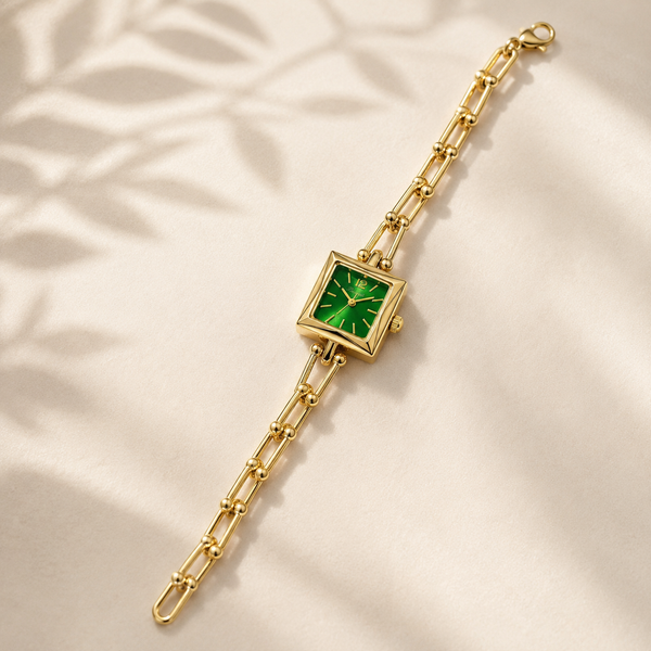 Watches Gold-Tone Square Green Dial Chain Link Bracelet Watch for Women
