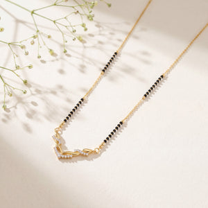 KZ Gold Plated Wing Feather CZ Mangalsutra for Women Black Bead Chain V Shape Bird Pendant FS