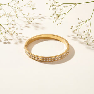 Dual Pave CZ Row Eternity Baby Kada Bangle | Gold Plated Slim Stackable Bracelet for Women