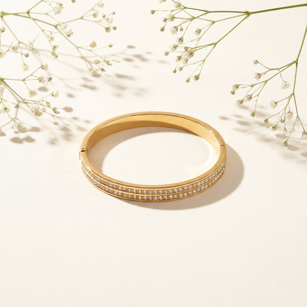 Dual Pave CZ Row Eternity Baby Kada Bangle | Gold Plated Slim Stackable Bracelet for Women