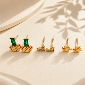 Earrings Antique Fan Emerald, Pave Wave Bow & Gold Floral Stud Earrings Set of 3 Pairs