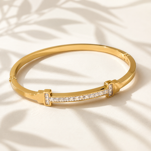 Gold Oval Bezel Diamond Accent Kada for Women | Ellipse Stone Stainless Steel Ladies Bangle | Sleek Festive Jewellery