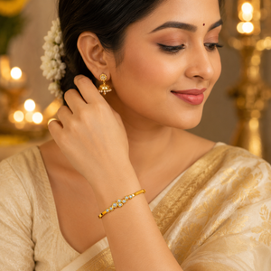 Gold Checkered Diamond Pattern Oval Kada for Women | Grid Stone Stainless Steel Ladies Bangle | Structured Festive Jewellery