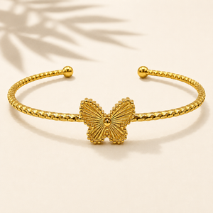 Gold Butterfly Fan Center Open Cuff Kada | Beaded Ball End Stainless Steel Ladies Bangle | Elegant Festive Wrist Jewellery