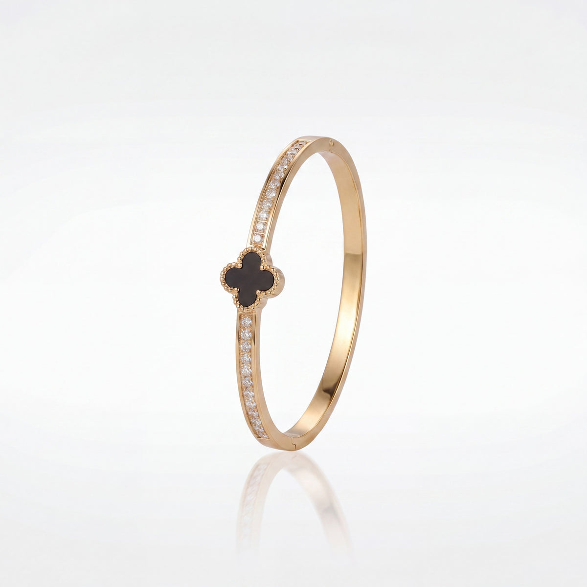 Black Four Leaf Clover Pave CZ Baby Kada Bangle | Gold Plated Lucky Charm Cuff Bracelet for Women