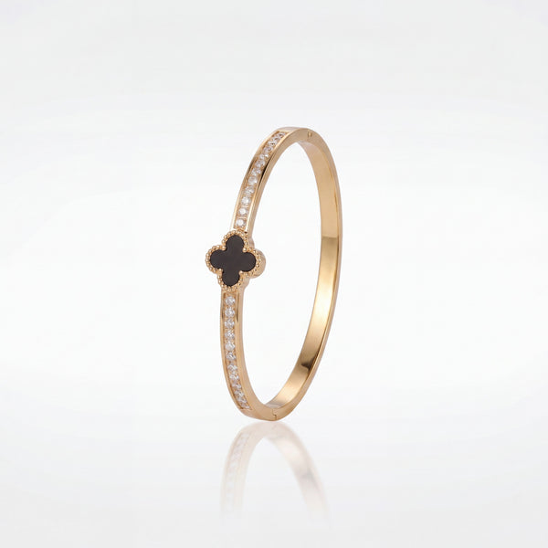 Black Four Leaf Clover Pave CZ Baby Kada Bangle | Gold Plated Lucky Charm Cuff Bracelet for Women