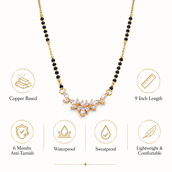 KZ Gold Plated Floral Cluster CZ Mangalsutra for Women Black Bead Chain Marquise Flower Pendant FS