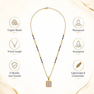 KZ Gold Plated Square Halo CZ Mangalsutra for Women Black Bead Chain Princess Cut Solitaire Pendant FS