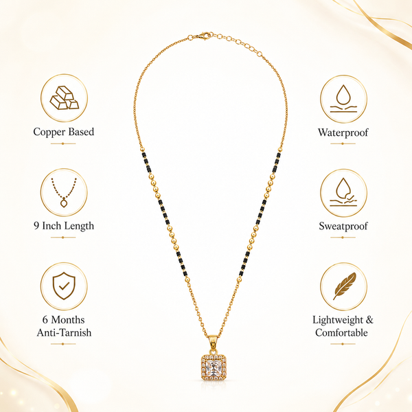 KZ Gold Plated Square Halo CZ Mangalsutra for Women Black Bead Chain Princess Cut Solitaire Pendant FS