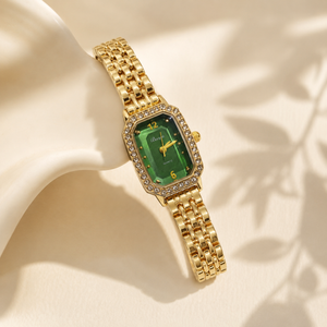 Watches Gold-Tone Rectangular Green Dial Crystal Studded Chain Bracelet Watch for Women
