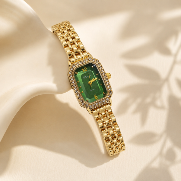 Watches Gold-Tone Rectangular Green Dial Crystal Studded Chain Bracelet Watch for Women