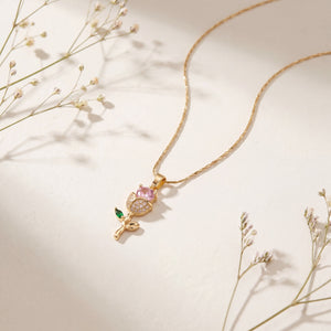 Gold Pink Enamel Rose Flower Pendant Chain Anti-Tarnish Necklace