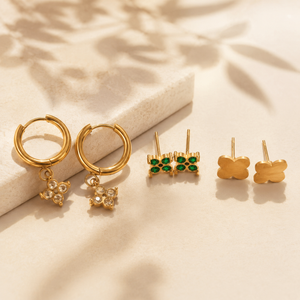 Earrings Pave Drop Hoop, Emerald Cluster Square & Gold Clover Charm Stud Earrings Set of 3 Pairs