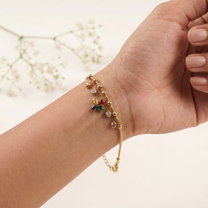 Gold Plated Snake Chain Bracelet with Multi Colour Stone Charm Cluster and Lobster Clasp
