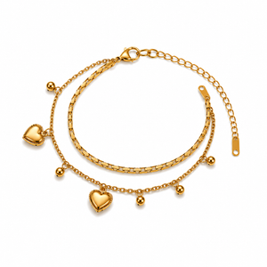 Gold Plated Double Strand Layered Chain Bracelet with Dangling Heart Charms and Bead Drops