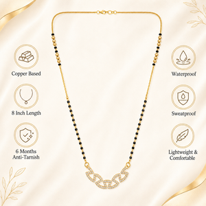 KZ Gold Plated Oval Link Chain CZ Mangalsutra for Women Black Bead Chain Connected Oval Pendant FS