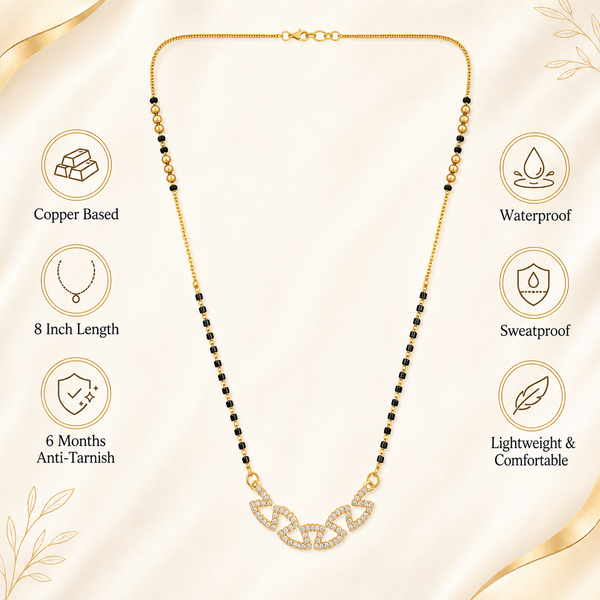 KZ Gold Plated Oval Link Chain CZ Mangalsutra for Women Black Bead Chain Connected Oval Pendant FS
