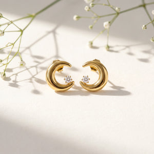 18K Gold Plated Half Moon Crystal Stud Earrings