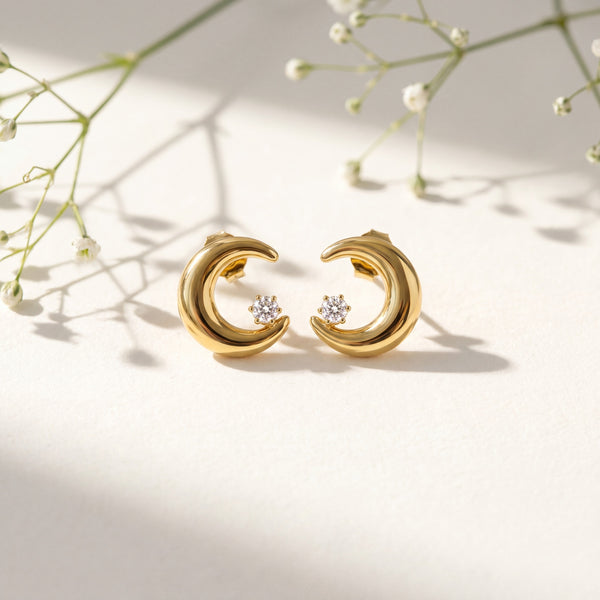 18K Gold Plated Half Moon Crystal Stud Earrings