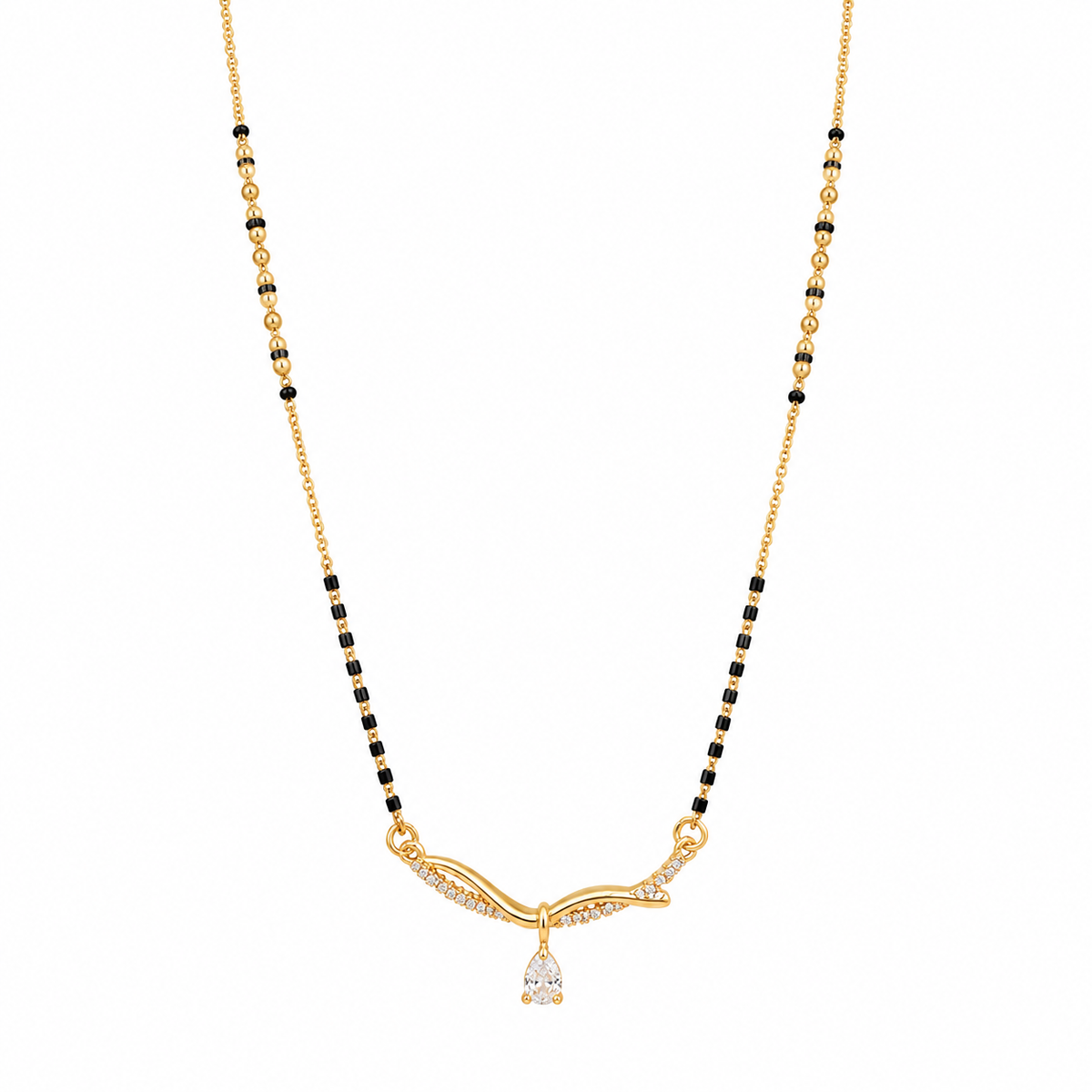 KZ Gold Plated Wave Arc CZ Mangalsutra for Women Black Bead Chain Twisted Arc Pear Drop Pendant FS