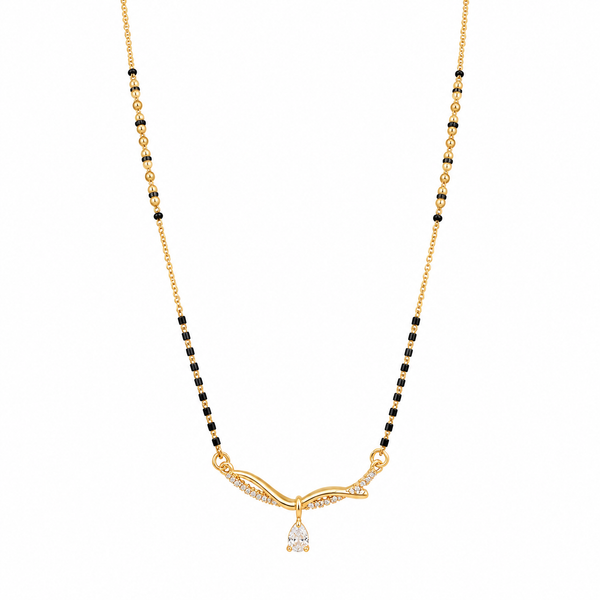 KZ Gold Plated Wave Arc CZ Mangalsutra for Women Black Bead Chain Twisted Arc Pear Drop Pendant FS