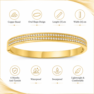 Gold Crescent Diamond Oval Kada for Women | Curved Arc Stone Stainless Steel Ladies Bangle | Celestial Design Jewellery