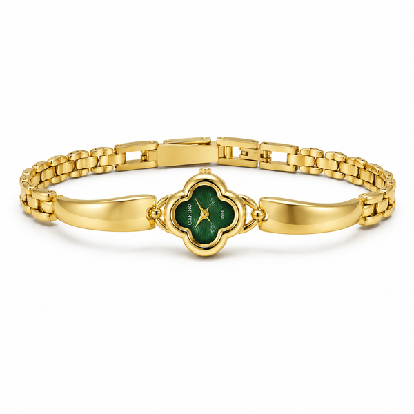 Watches Gold-Tone Clover Shape Green Dial Chain Bracelet Watch for Women