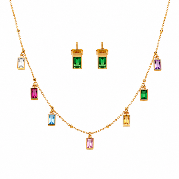 Anti tranish Gold plated 150 No. Minimal Square Multicolour solitare pendant with Studd green Square earring for adults - 1 Pc