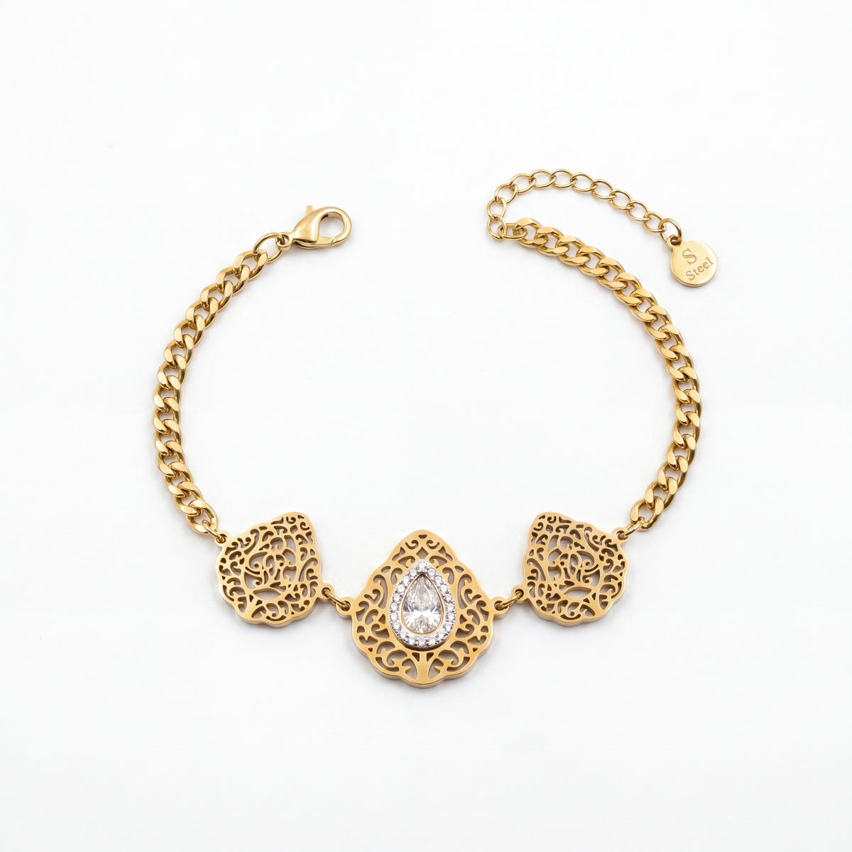 Gold Plated Chain Bracelet with Three Rhombus Filigree Medallion Stations and White Stone Centers