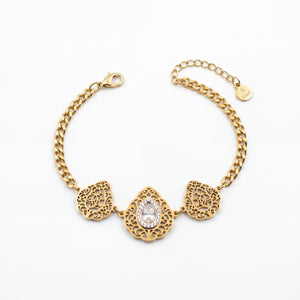 Gold Plated Chain Bracelet with Three Rhombus Filigree Medallion Stations and White Stone Centers