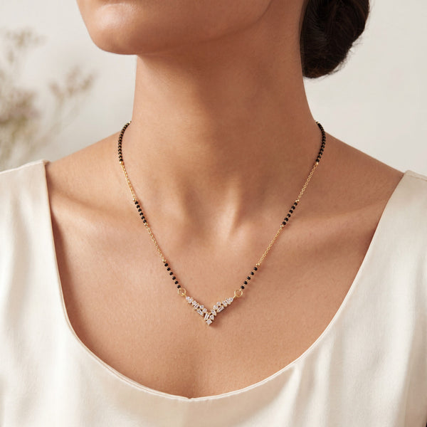 KZ Gold Plated V Chevron Multi Stone CZ Mangalsutra for Women Black Bead Chain Cluster Pendant FS