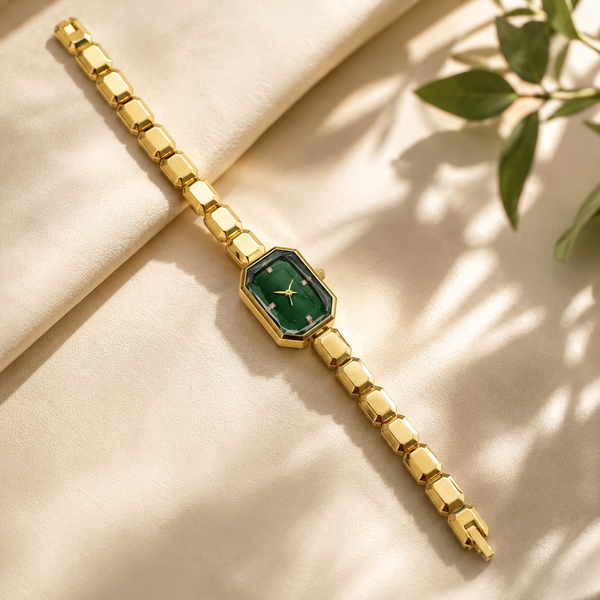 Watches Gold-Tone Rectangular Green Dial Brick Link Bracelet Watch for Women