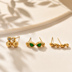 Earrings Gold Cluster Floral, Emerald Marquise & Twisted Knot Stud Earrings Set of 3 Pairs