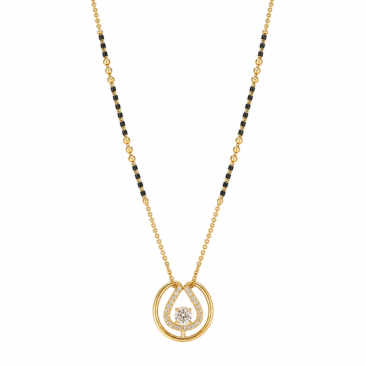 KZ Gold Plated Circle Teardrop Frame CZ Mangalsutra for Women Black Bead Chain Open Circle Pendant FS