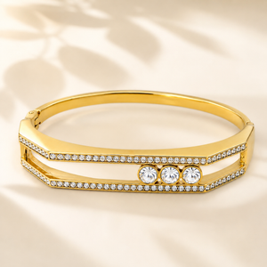 Gold Bright High Polish Diamond Oval Kada for Women | Mirror Finish Stone Stainless Steel Ladies Bangle | Glossy Festive Jewellery