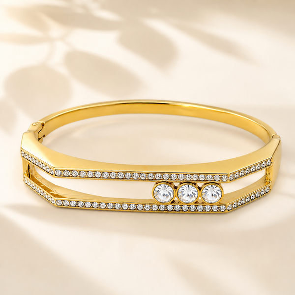 Gold Bright High Polish Diamond Oval Kada for Women | Mirror Finish Stone Stainless Steel Ladies Bangle | Glossy Festive Jewellery
