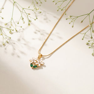 Gold Green Leaf Enamel Flower Pendant Chain Anti-Tarnish Necklace