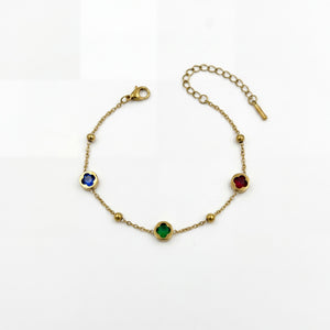 Gold Plated Delicate Chain Bracelet with Round Bezel Set Multicolour Stone and Gold Bead Stations