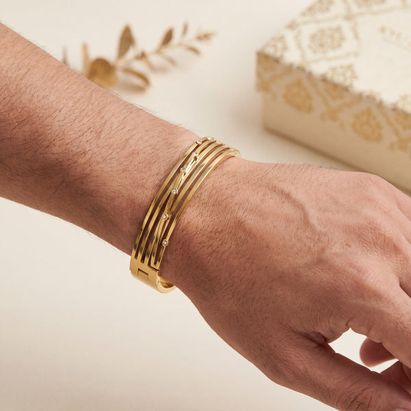 Diagonal Wave Pattern CZ Slim Baby Kada Bangle | Gold Plated Textured Stackable Bracelet for Women