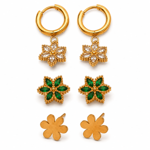 Earrings Floral Drop Hoop, Emerald Pave Flower & Gold Floral Stud Earrings Set of 3 Pairs