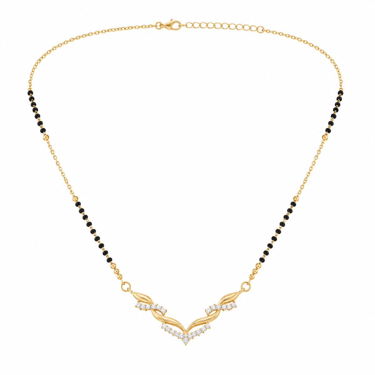 KZ Gold Plated Wing Feather CZ Mangalsutra for Women Black Bead Chain V Shape Bird Pendant FS